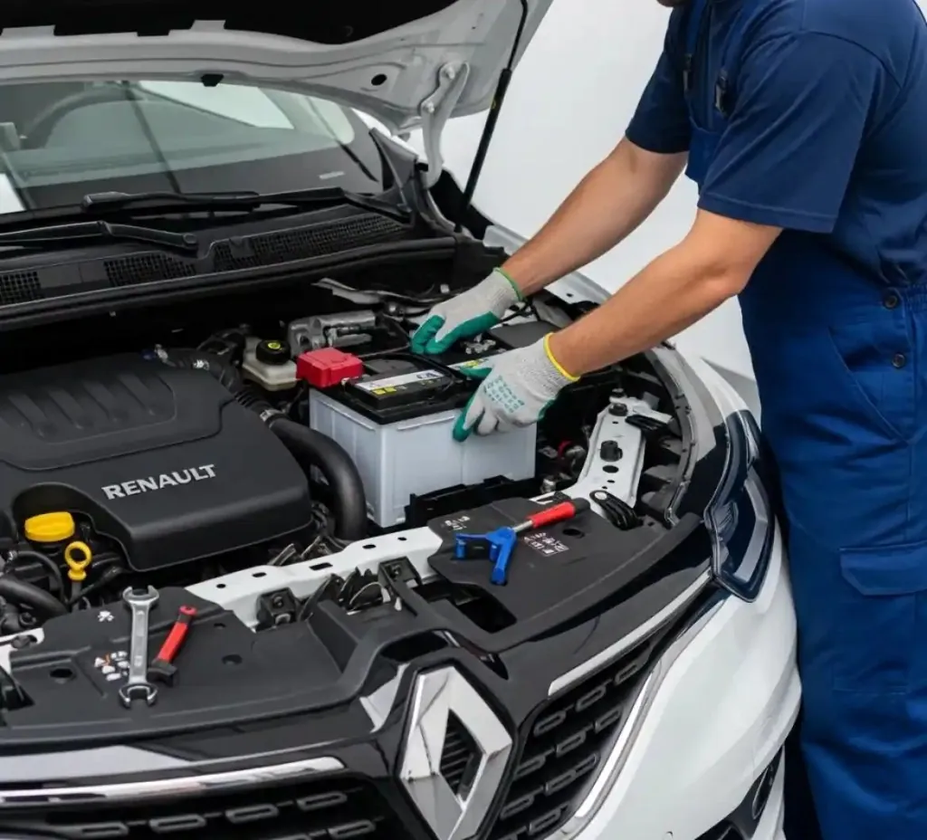 Renault battery work at your location Gloved hands fitting a battery to a white Renault