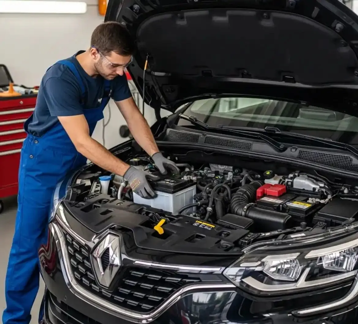 What Renault owners get from us Technician fitting a battery to a Renault
