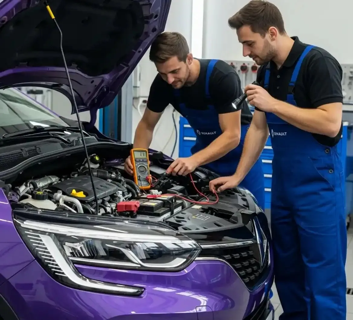Checking a Renault battery Two technicians testing a purple Renault