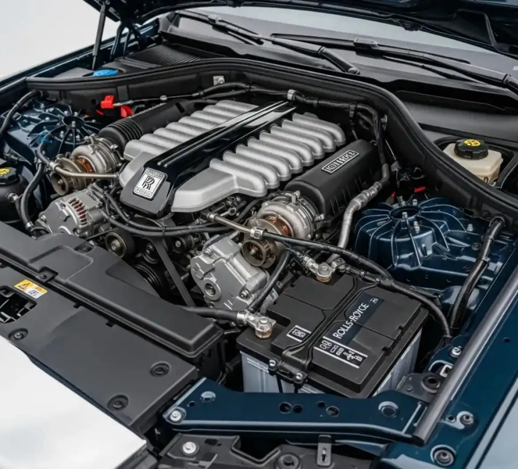 The Rolls-Royce and its battery Rolls-Royce V12 engine bay