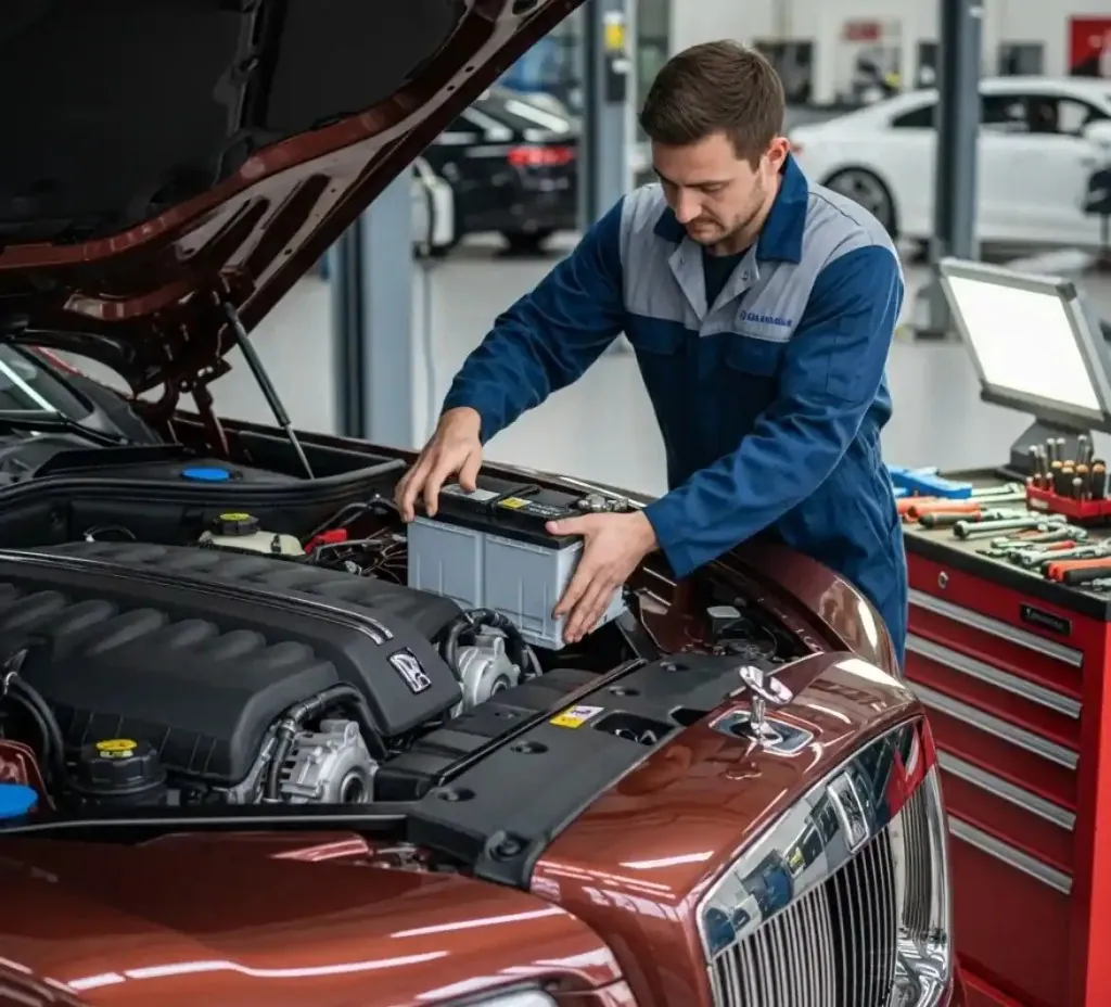 Battery service for the Rolls-Royce Technician fitting a battery to a Rolls-Royce in a workshop