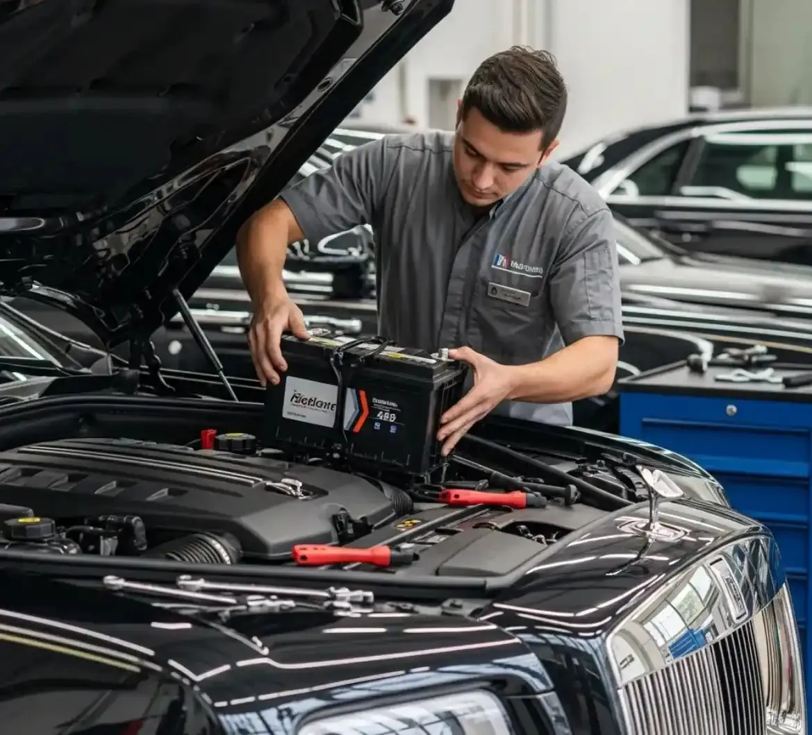 Why Rolls-Royce drivers call us Technician fitting a battery to a Rolls-Royce