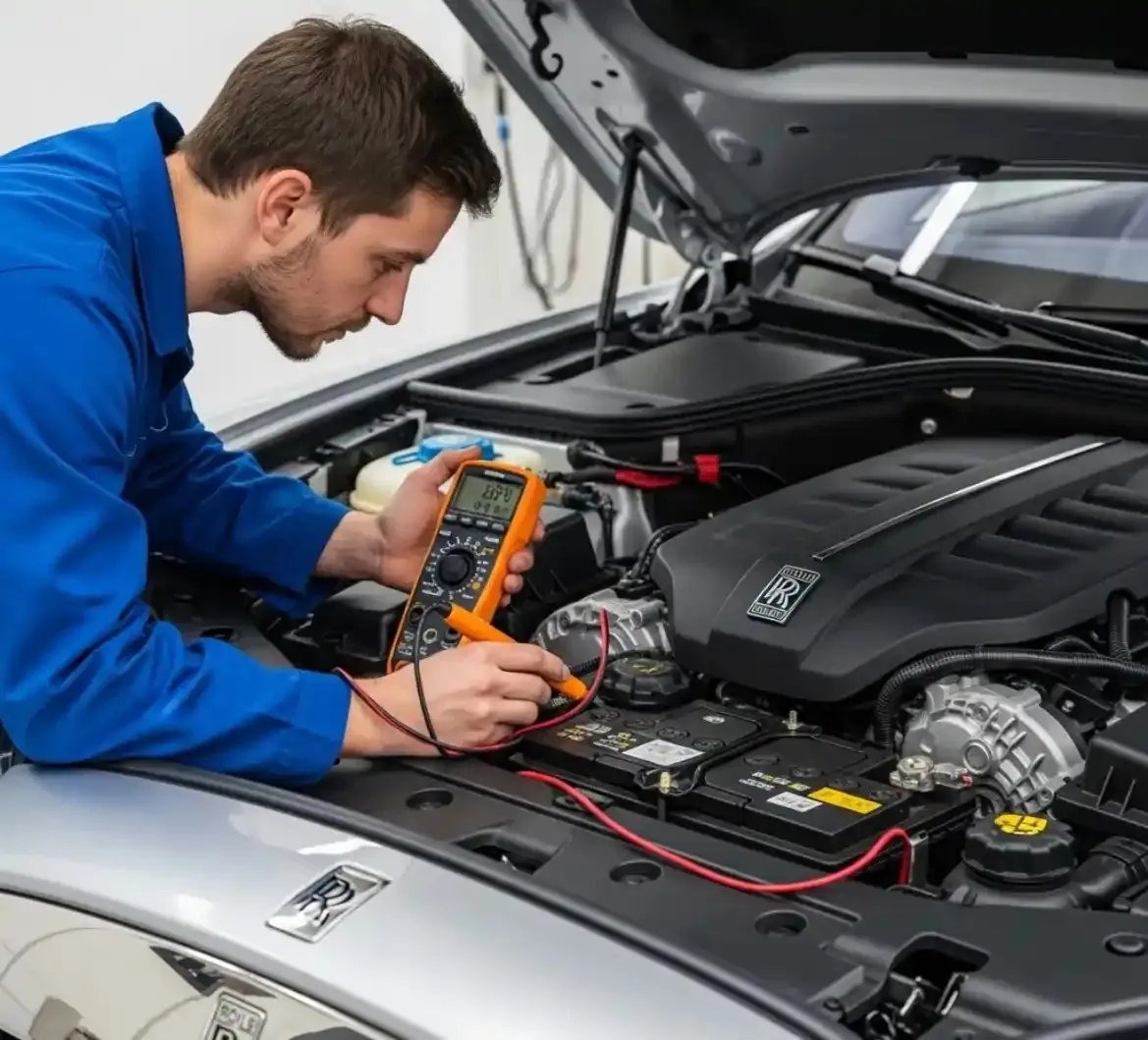 Testing before anything is replaced Technician testing a Rolls-Royce battery with a multimeter