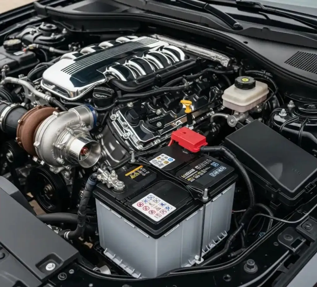 Before the work starts on a Seat Seat engine bay with the battery in view
