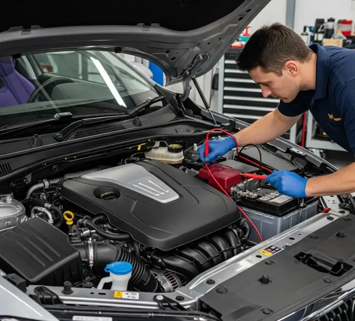 Finding the fault on a Seat Technician testing a Seat battery