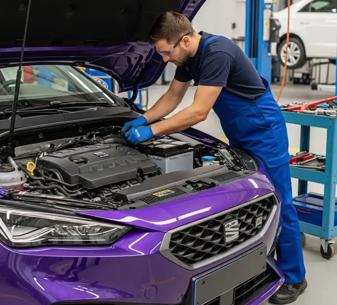 Our team on a Seat Technician working on a purple Seat
