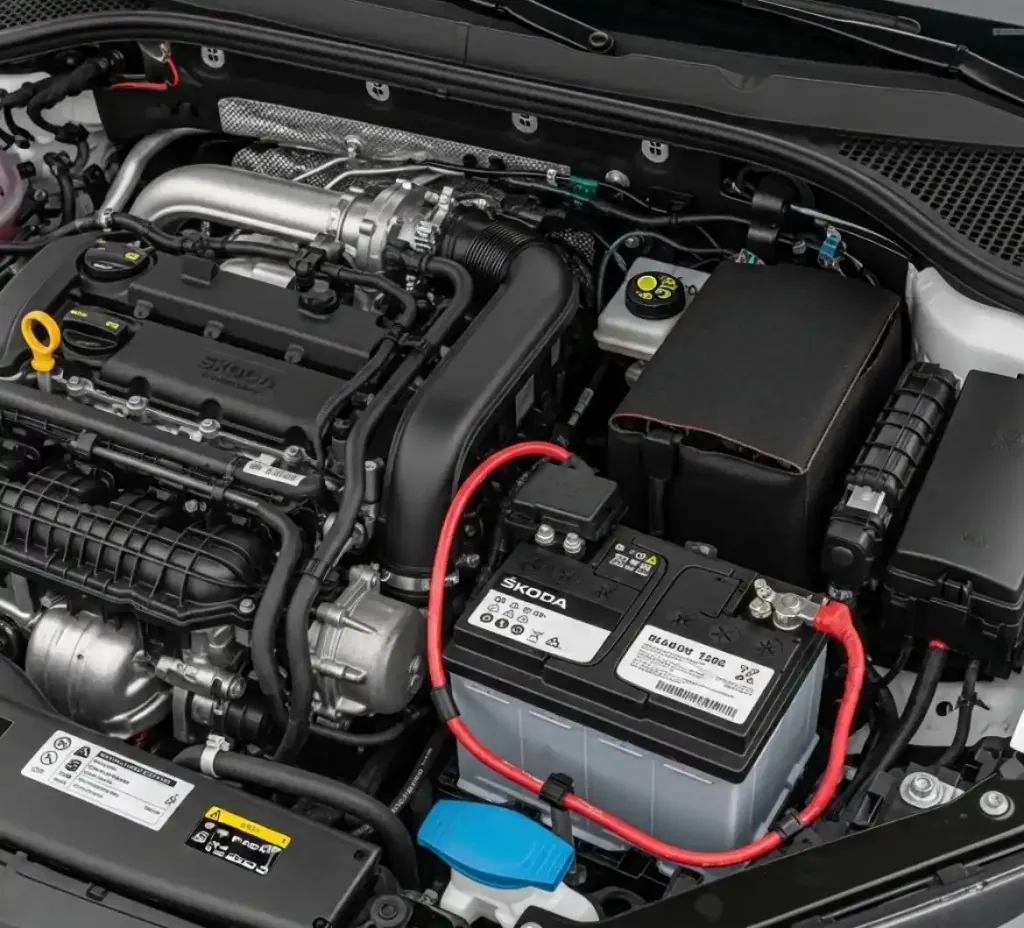 Skoda engine bay with the battery in view