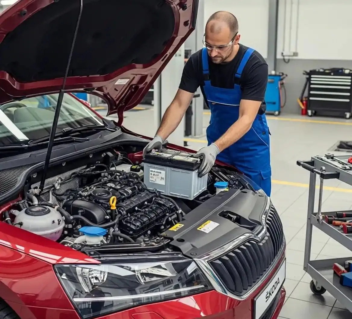 Technician fitting a battery to a red Skoda