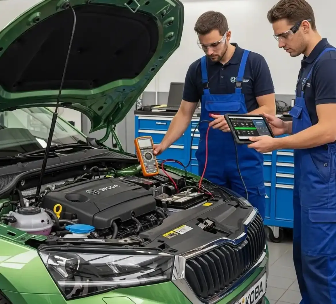 Two technicians testing a green Skoda