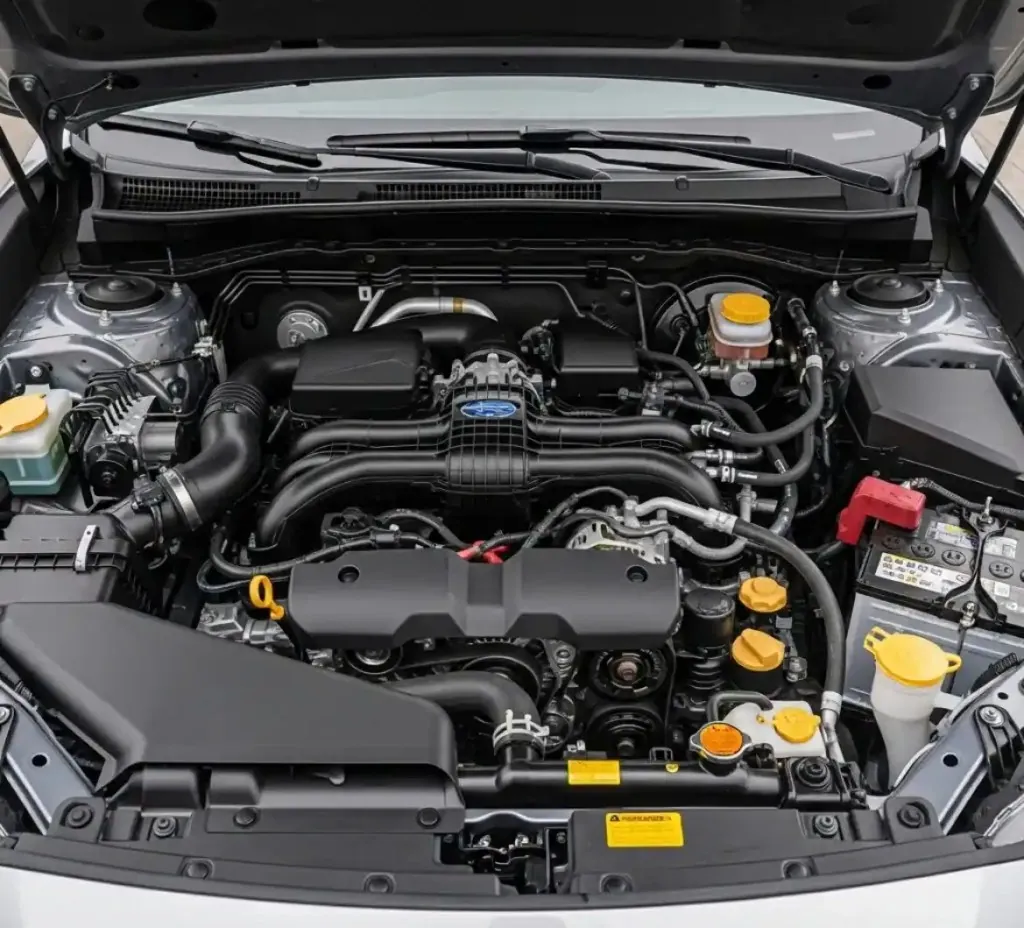 Subaru battery work at your location Subaru engine bay with the battery in view