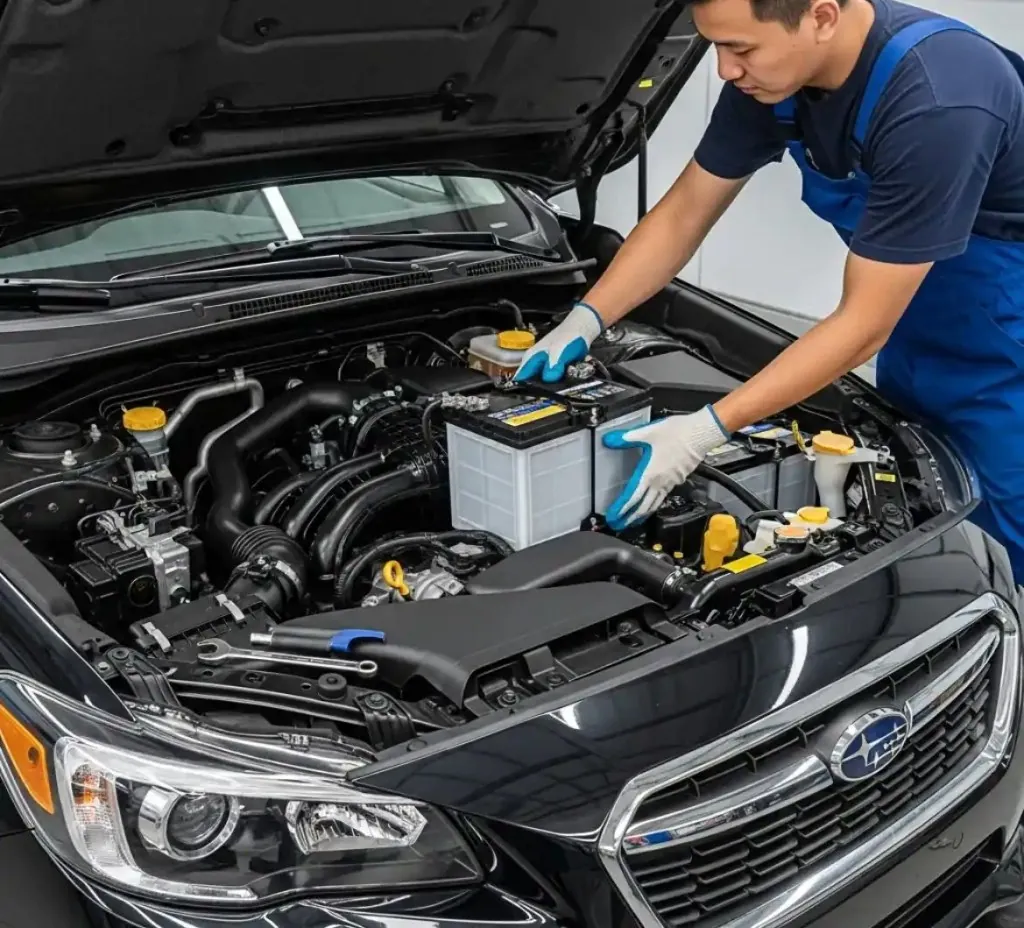 A closer look at the Subaru Technician fitting a battery to a black Subaru