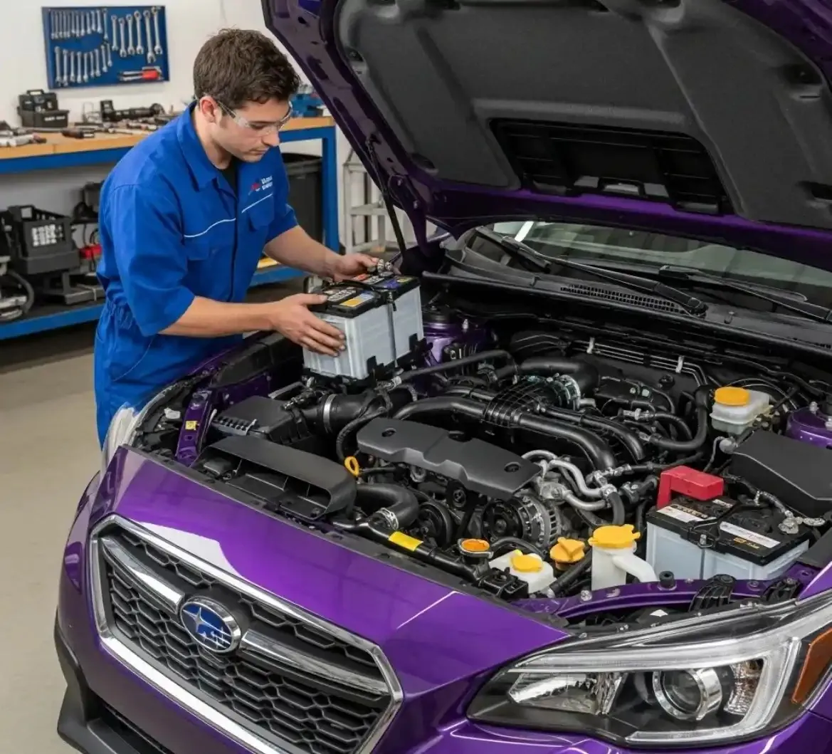 What Subaru owners get from us Technician lifting a battery from a purple Subaru