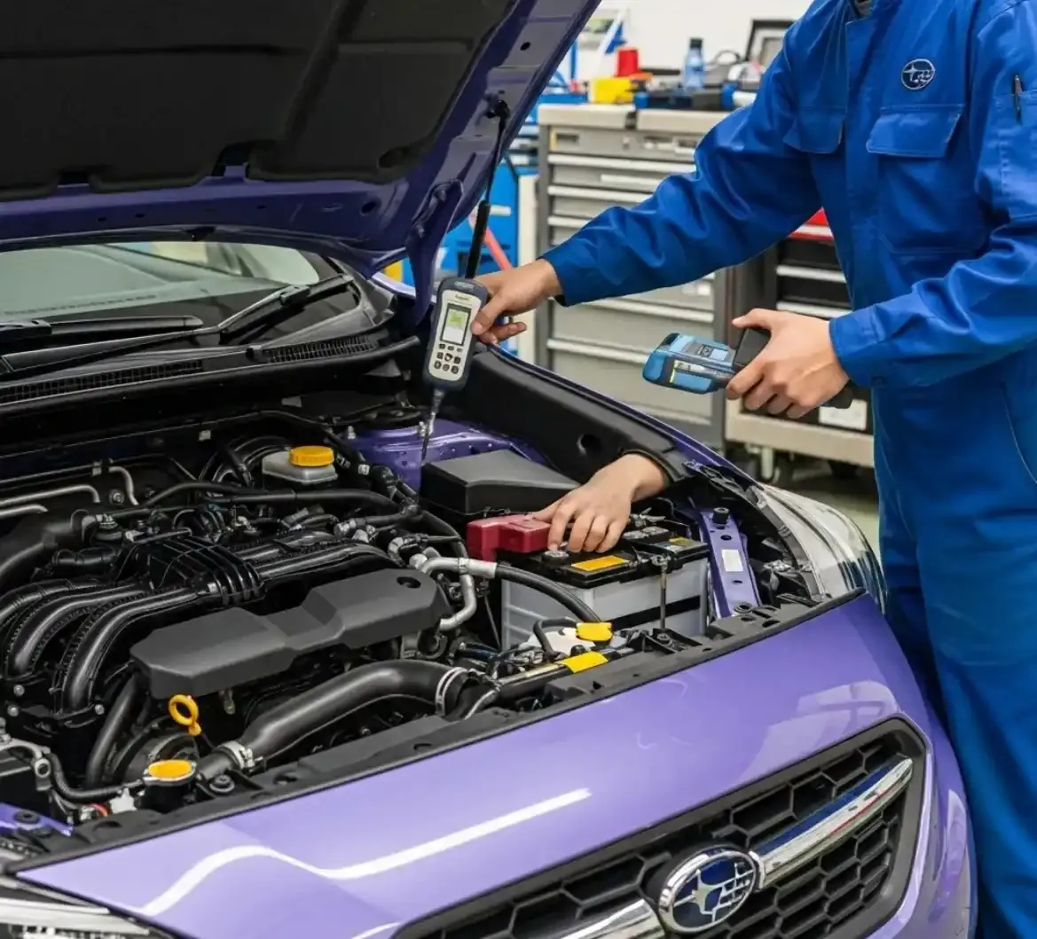 Checking a Subaru battery Technician testing a purple Subaru's battery