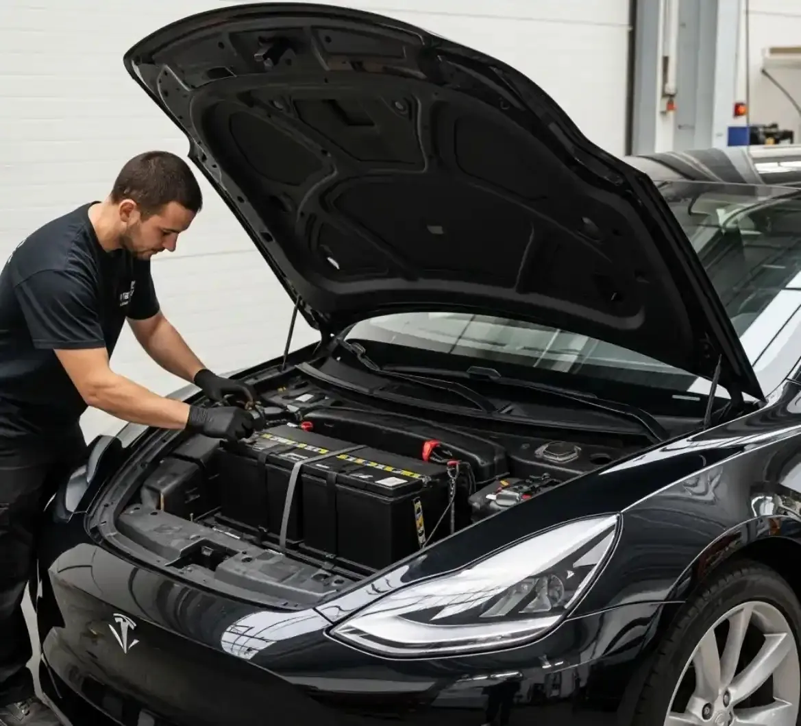 Why Tesla drivers call us Technician working in the front trunk of a black Tesla