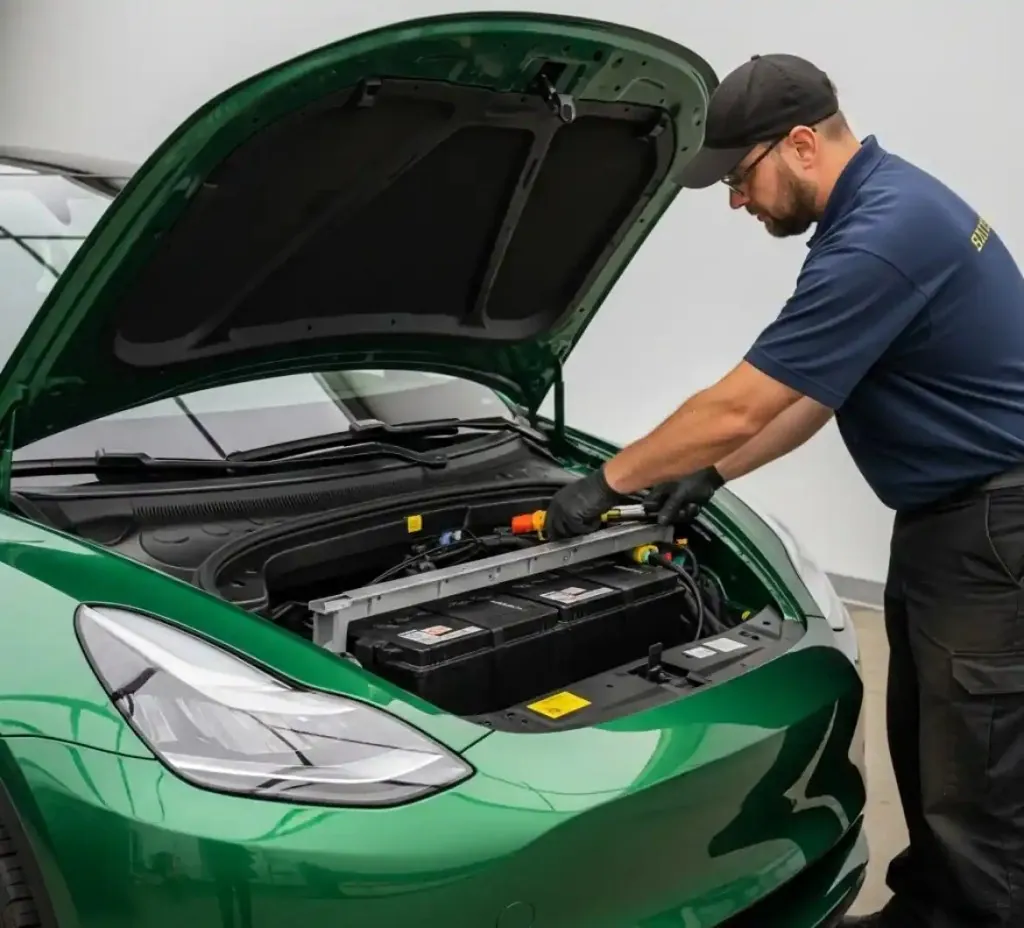 Battery service for the Tesla Technician working on a green Tesla