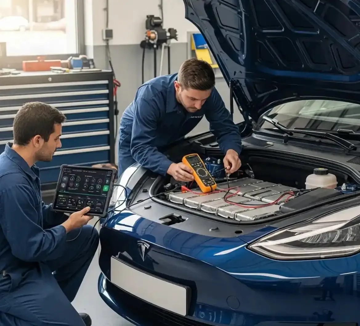 Testing before anything is replaced Technicians running diagnostics on a blue Tesla
