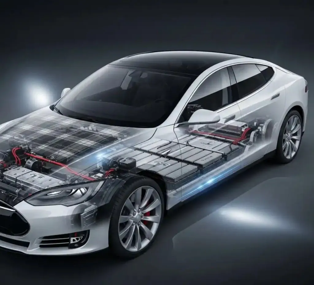 The Tesla and its battery Tesla with its battery layout shown under the body