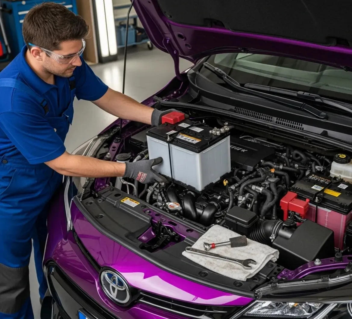 Technician fitting a battery to a purple Toyota