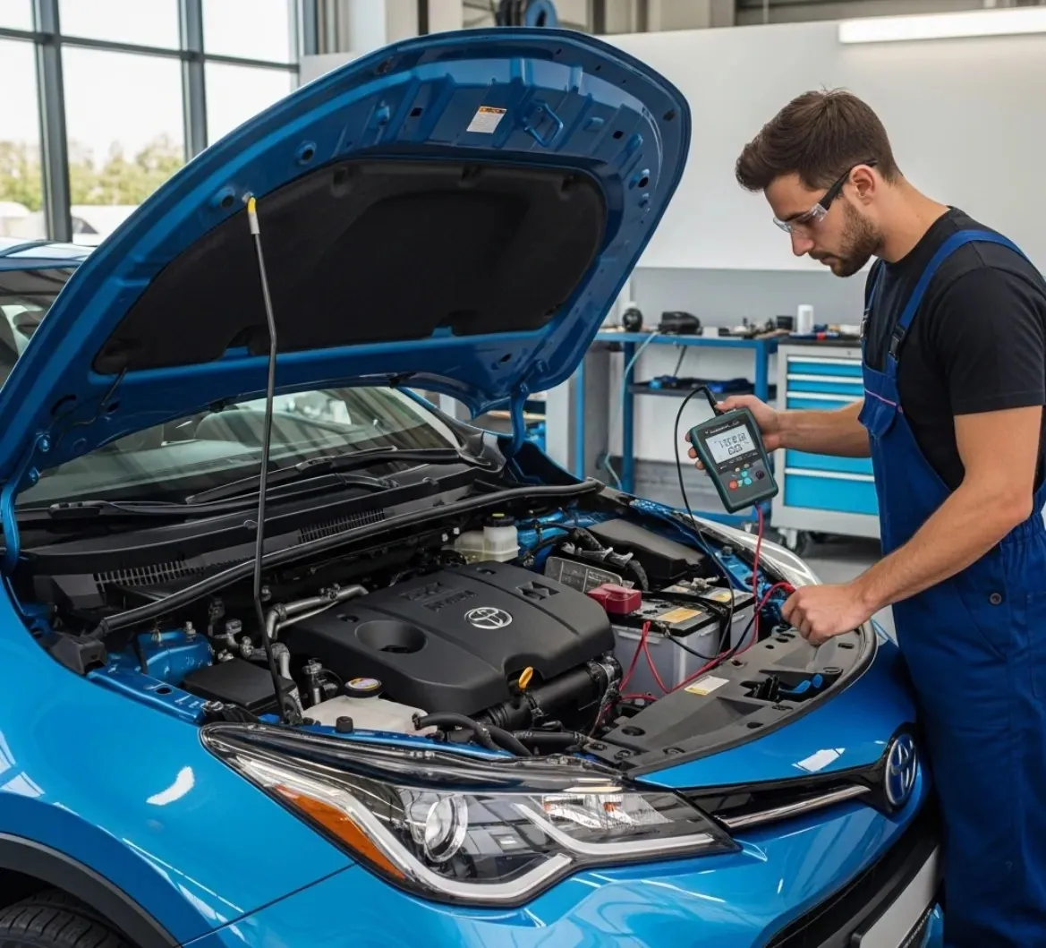Technician testing a blue Toyota