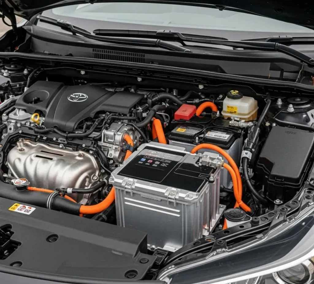 Toyota hybrid engine bay with the battery in view