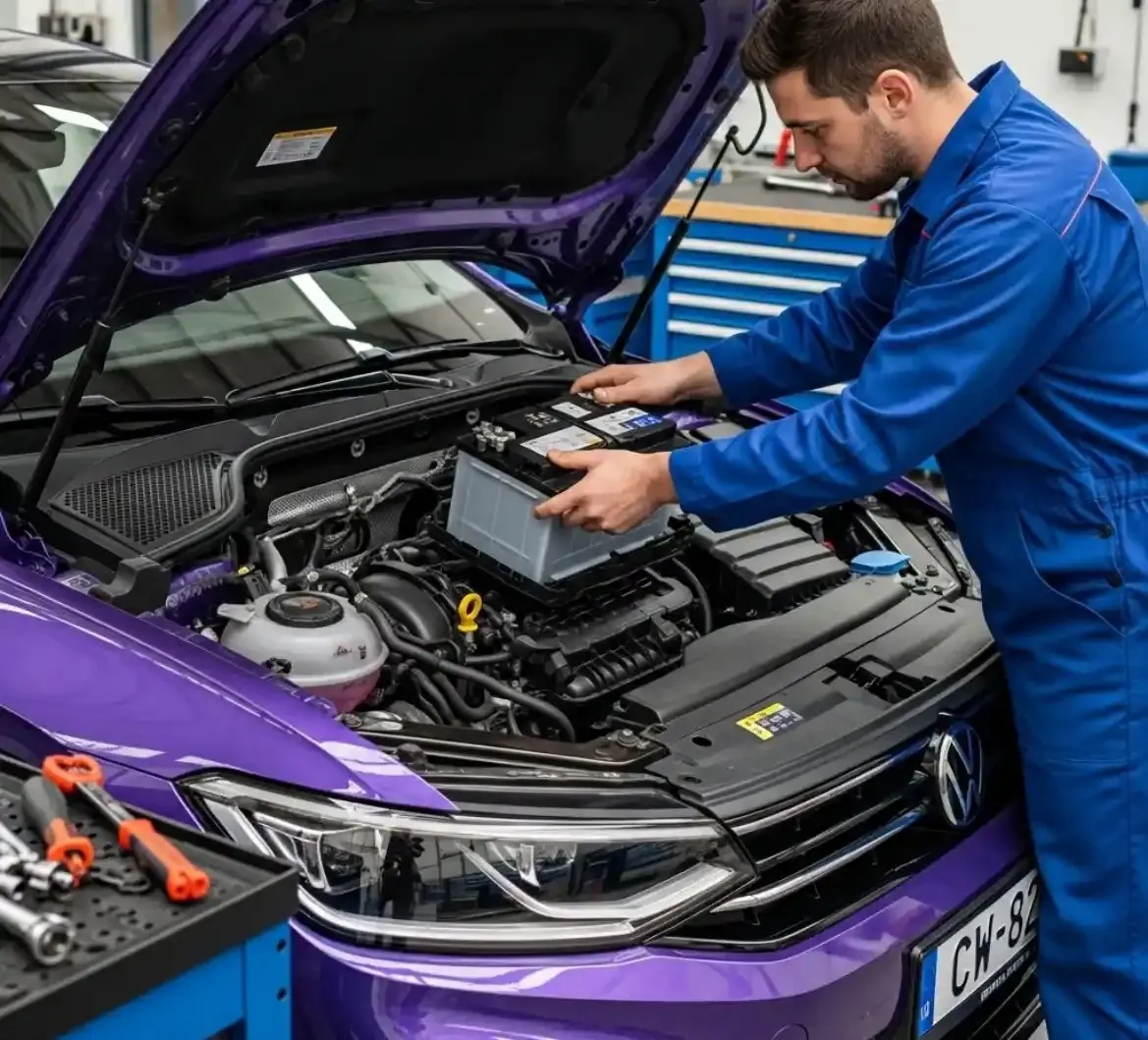 Care that Volkswagen owners expect Technician fitting a battery to a purple Volkswagen