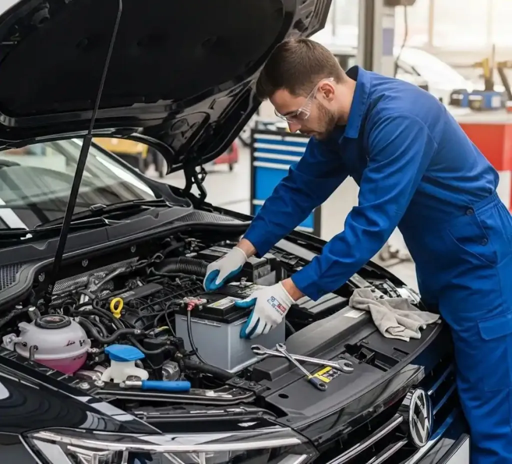 A Volkswagen looked after where it is parked Technician fitting a battery to a Volkswagen