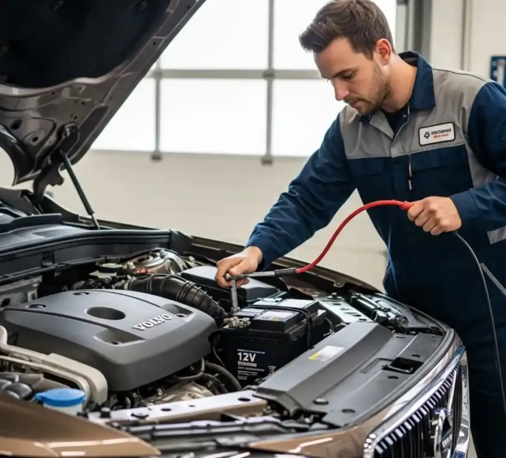 Volvo battery work at your location Technician connecting leads to a Volvo battery
