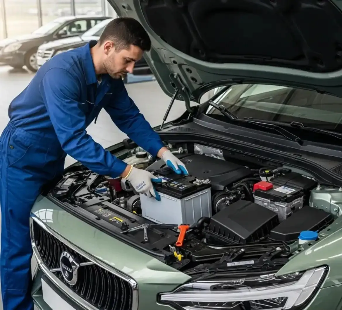What Volvo owners get from us Technician fitting a battery to a Volvo