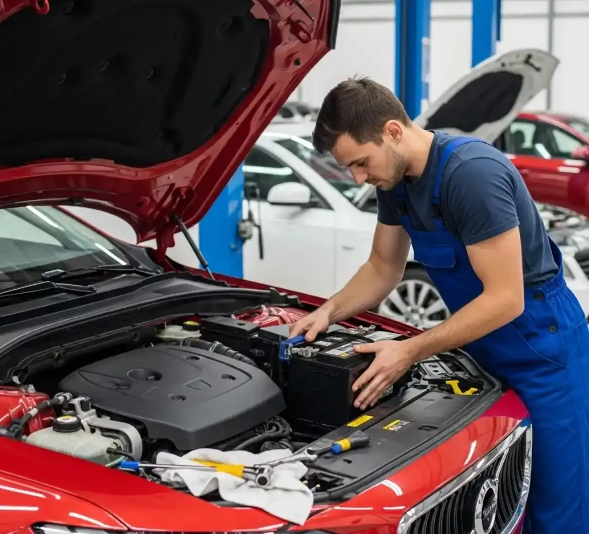 Checking a Volvo battery Technician working on a red Volvo