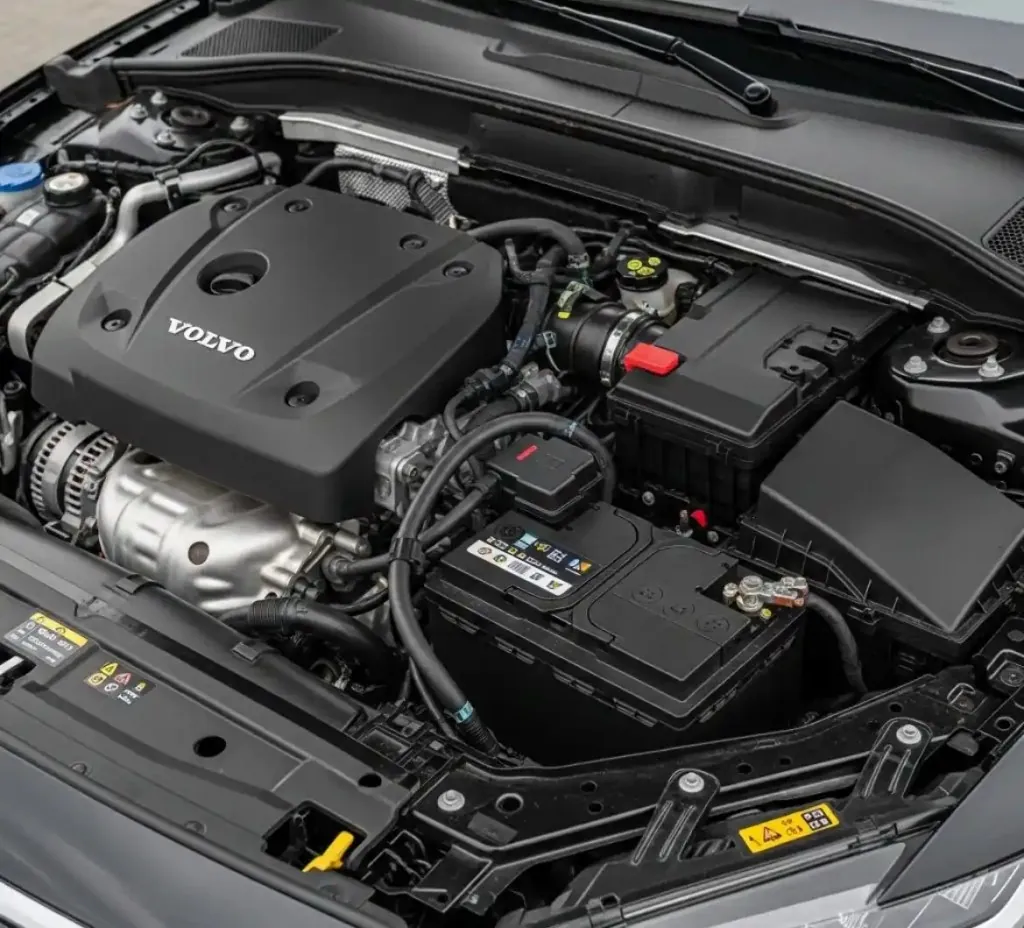 A closer look at the Volvo Volvo engine bay with the battery in view