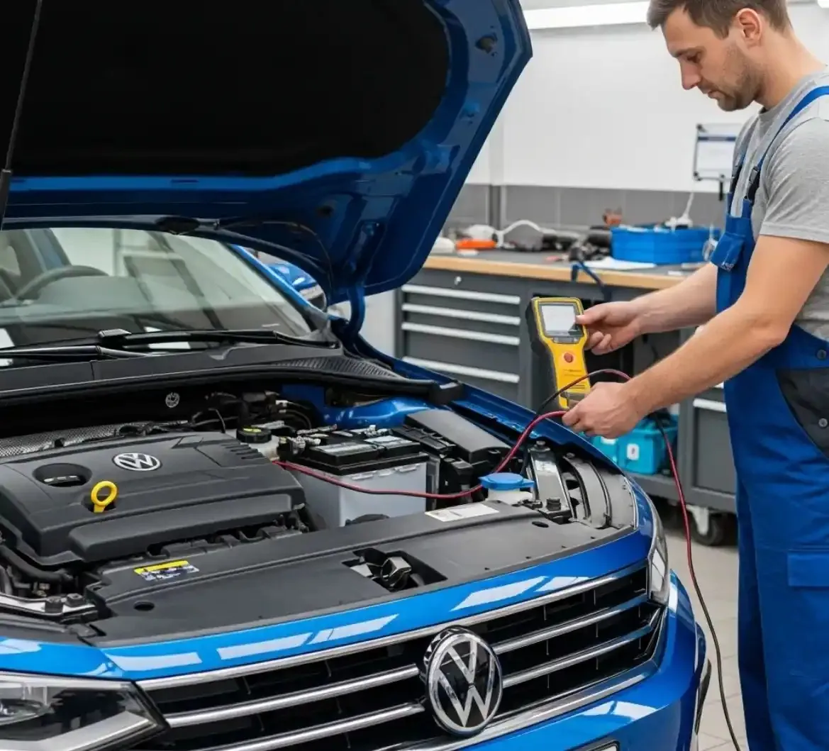 Testing before anything is replaced Technician testing a blue Volkswagen with a multimeter