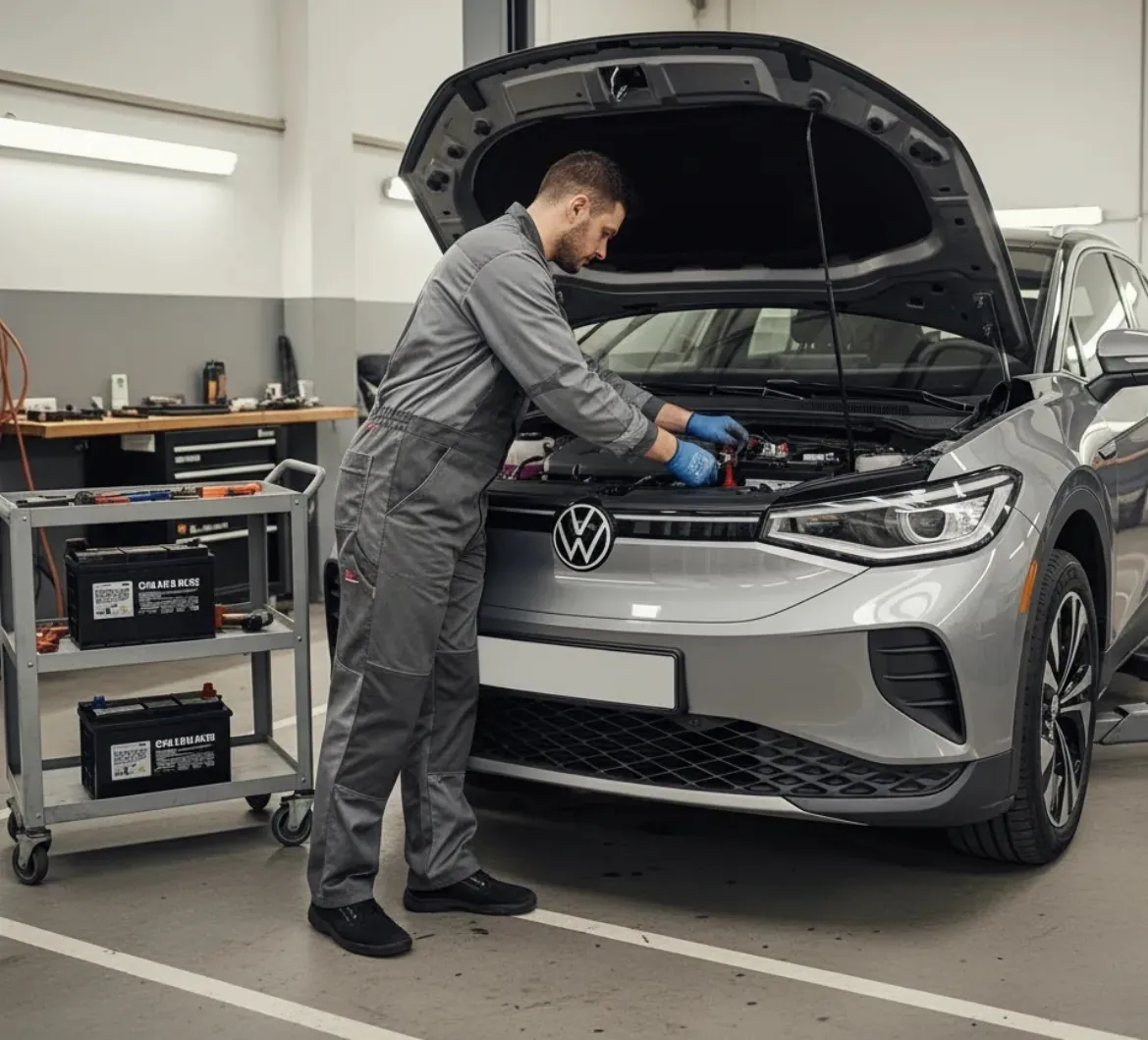 Why Volkswagen ID.4 drivers call us Technician working on a silver Volkswagen ID.4 in a workshop