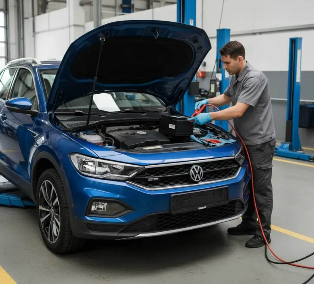 Before the work starts on a Volkswagen ID.6 Technician connecting leads to a blue Volkswagen