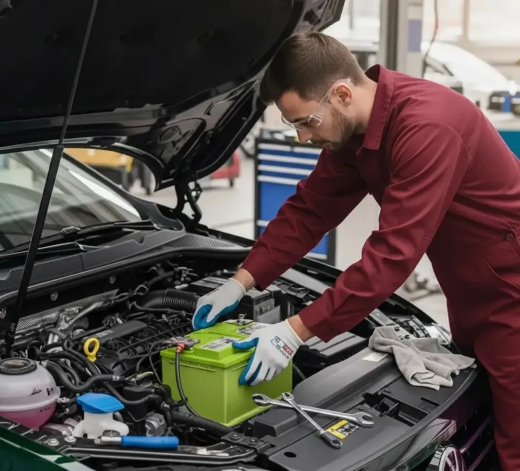 On site with a Volkswagen ID.6 Technician in red fitting a battery to a Volkswagen