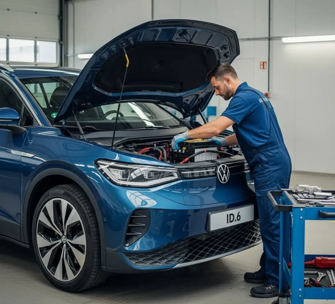 Our team on a Volkswagen ID.6 Technician working on a blue Volkswagen ID.6