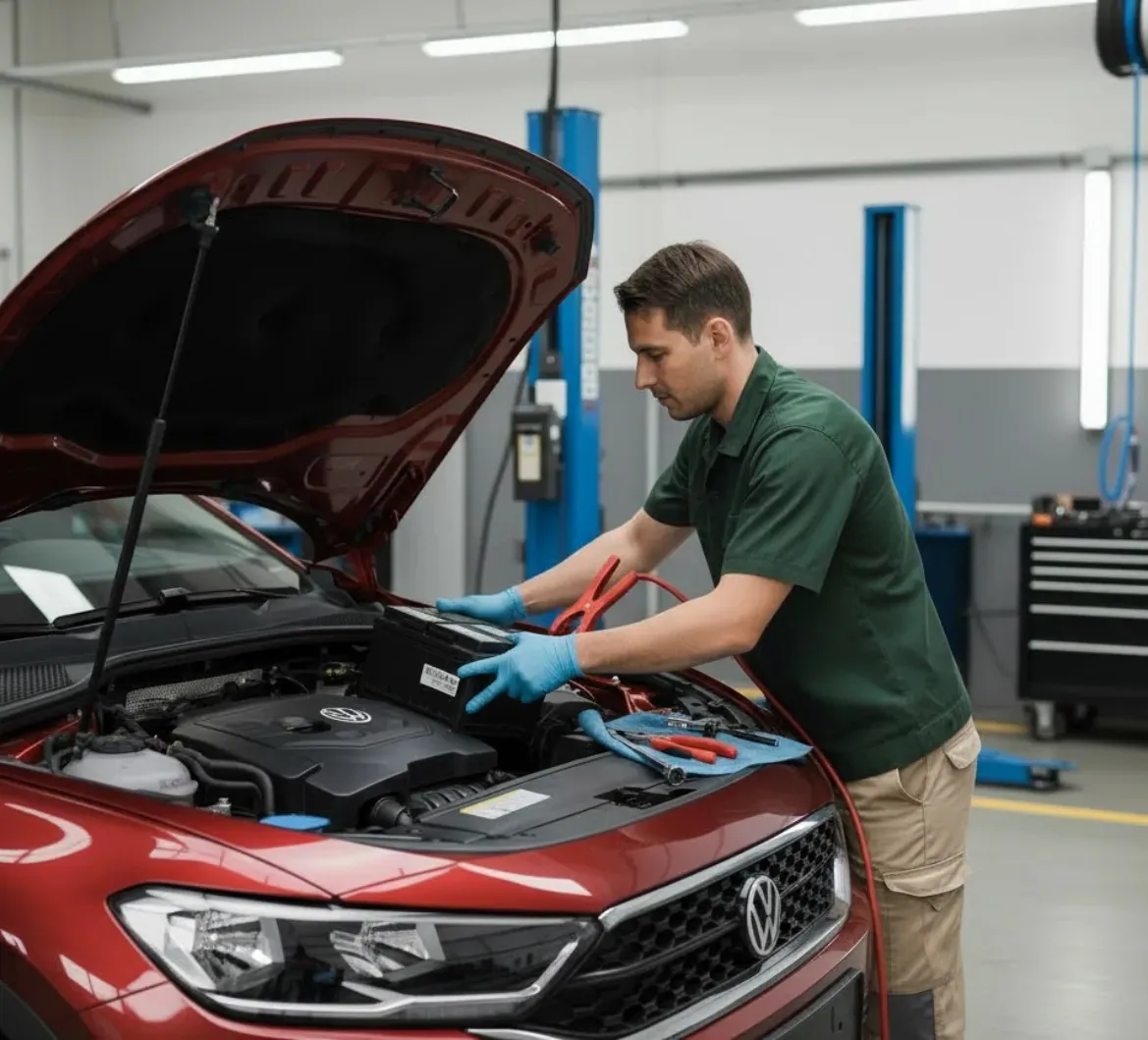 Finding the fault on a Volkswagen ID.6 Technician working on a red Volkswagen