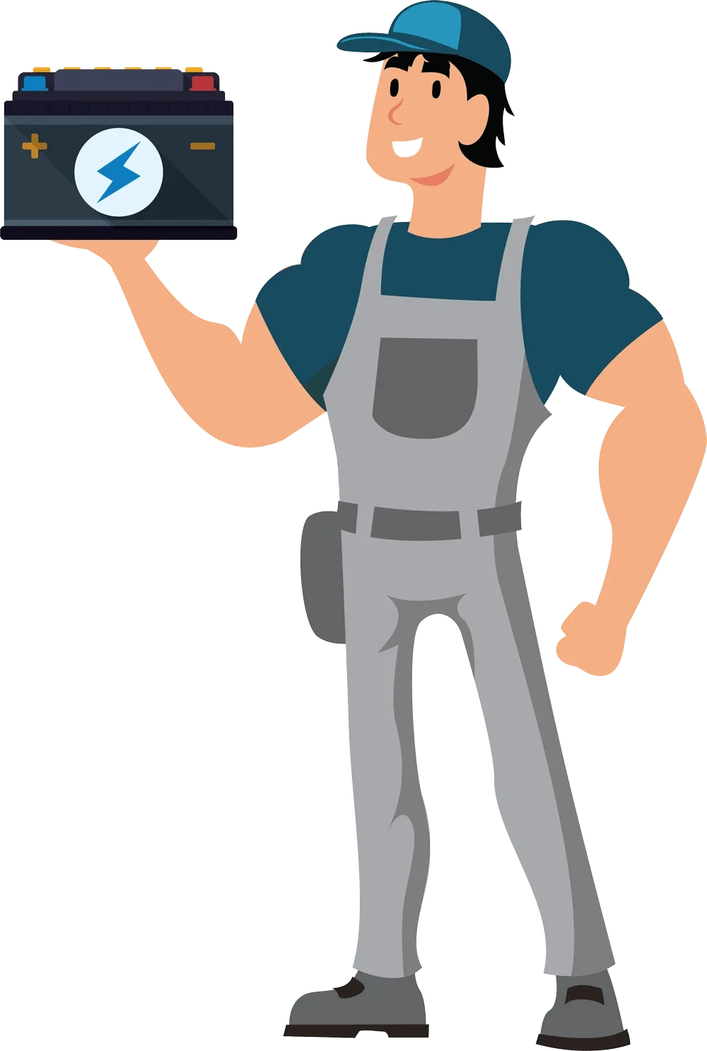 An illustrated technician in overalls holding up a car battery